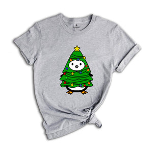 Christmas Penguin Tree Shirt, Cute Christmas Tee, Christmas Gift, Penguin In Santa Hat, Cute Penguin T-Shirt