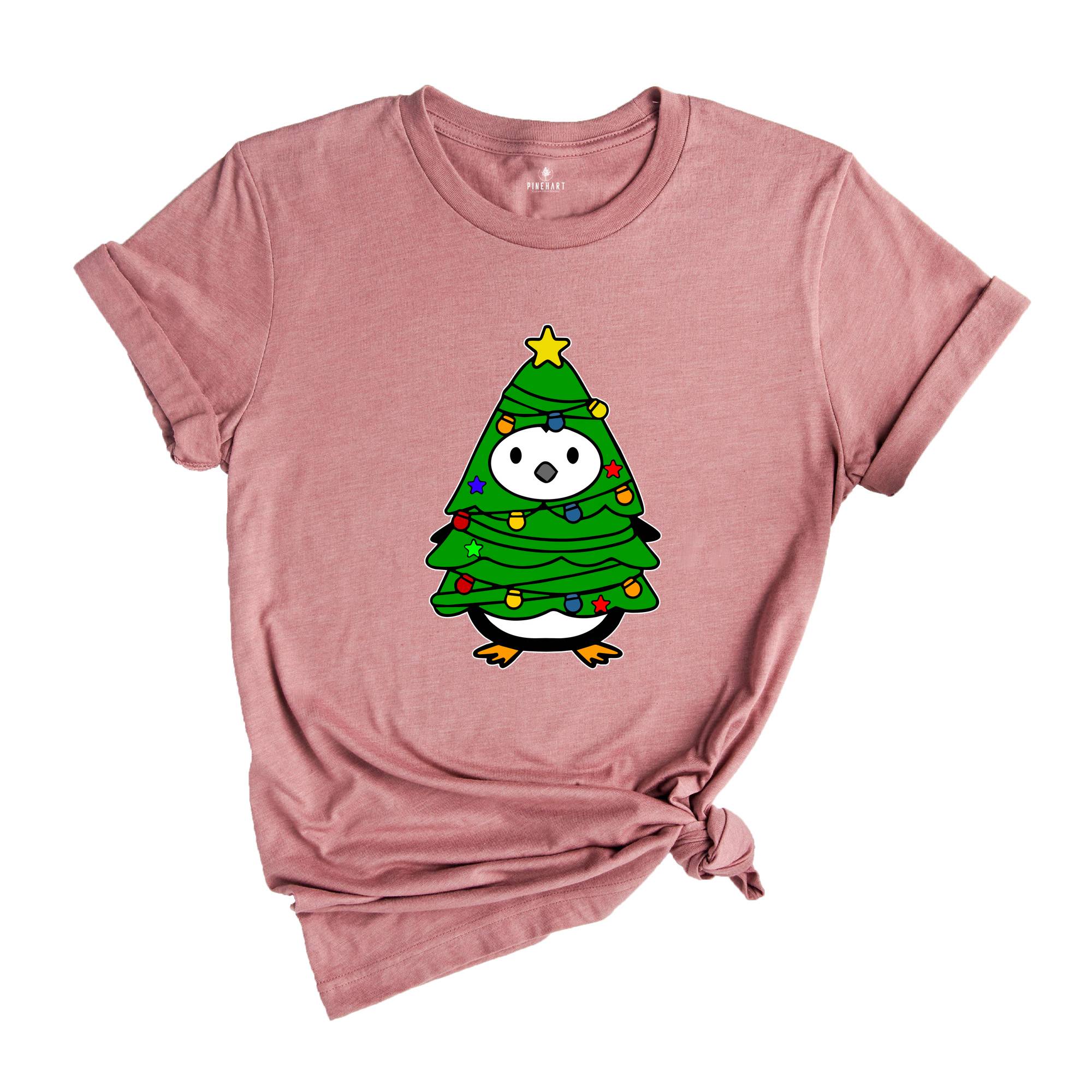 Christmas Penguin Tree Shirt, Cute Christmas Tee, Christmas Gift, Penguin In Santa Hat, Cute Penguin T-Shirt