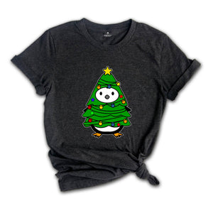 Christmas Penguin Tree Shirt, Cute Christmas Tee, Christmas Gift, Penguin In Santa Hat, Cute Penguin T-Shirt