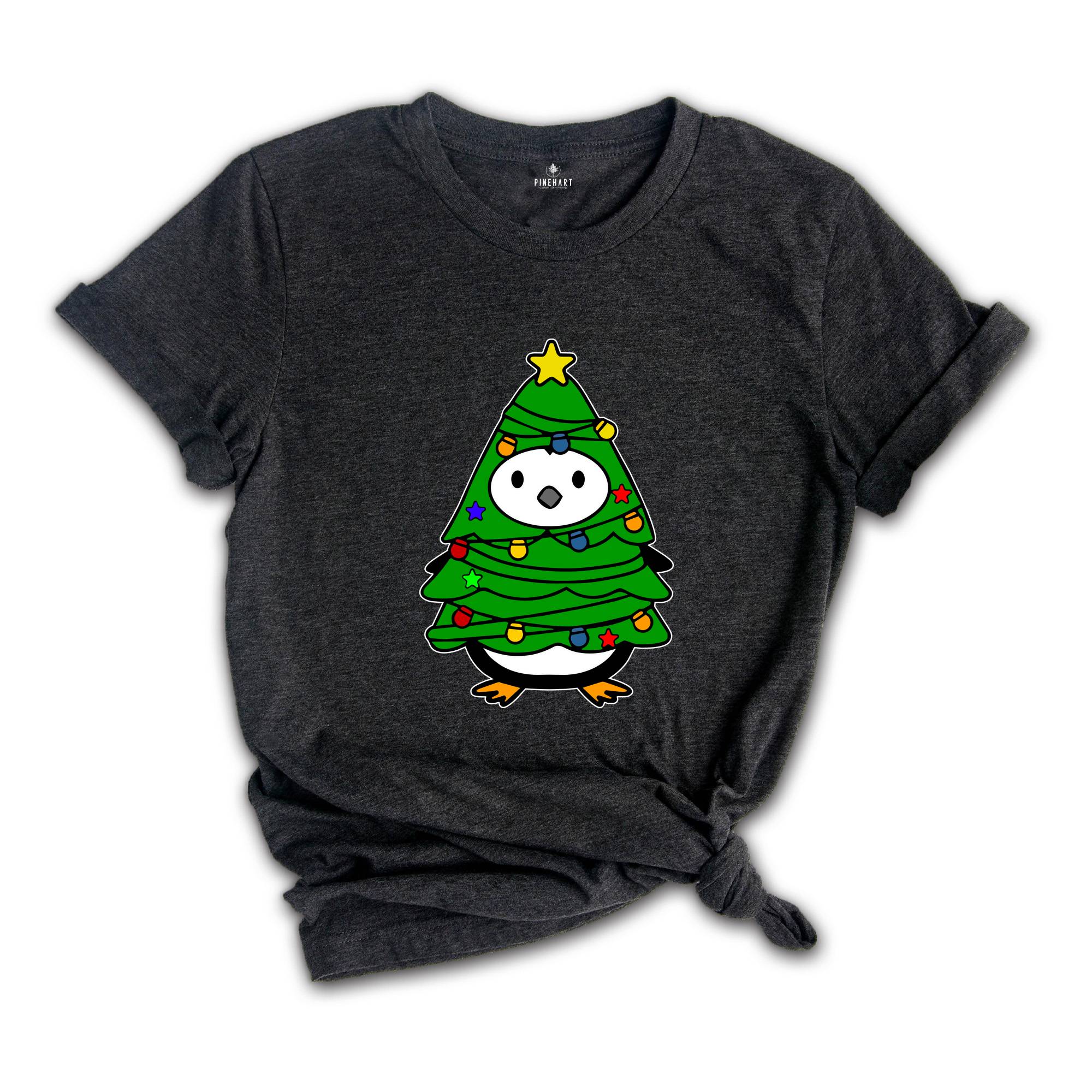 Christmas Penguin Tree Shirt, Cute Christmas Tee, Christmas Gift, Penguin In Santa Hat, Cute Penguin T-Shirt