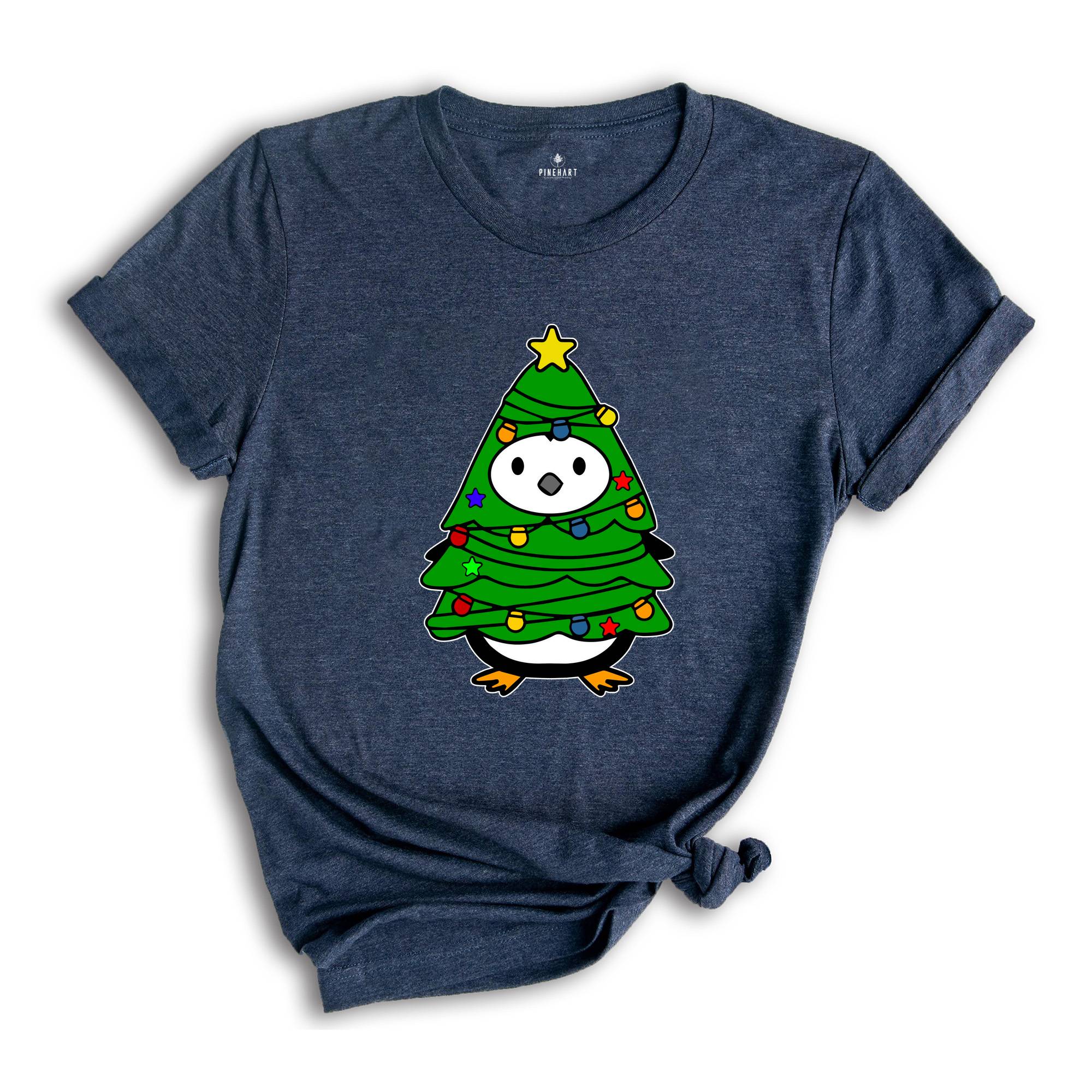 Christmas Penguin Tree Shirt, Cute Christmas Tee, Christmas Gift, Penguin In Santa Hat, Cute Penguin T-Shirt