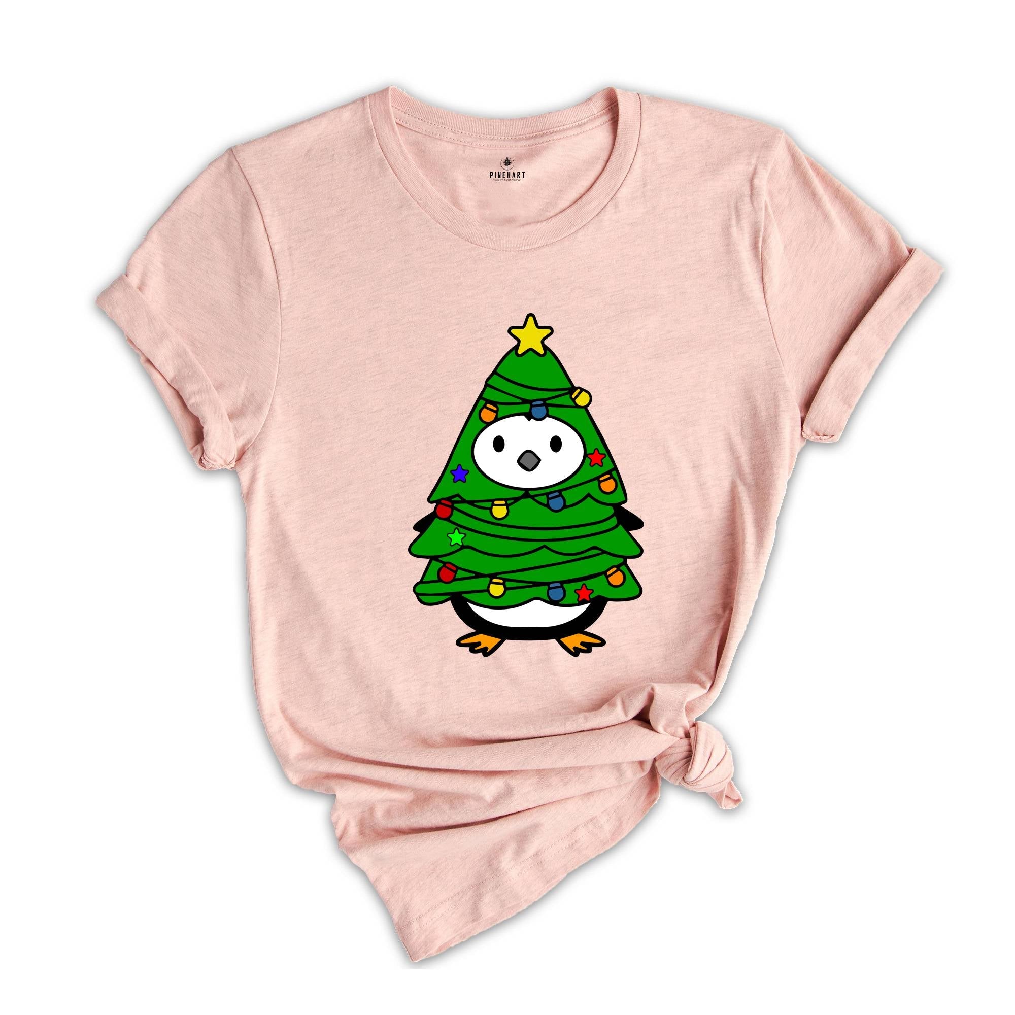 Christmas Penguin Tree Shirt, Cute Christmas Tee, Christmas Gift, Penguin In Santa Hat, Cute Penguin T-Shirt