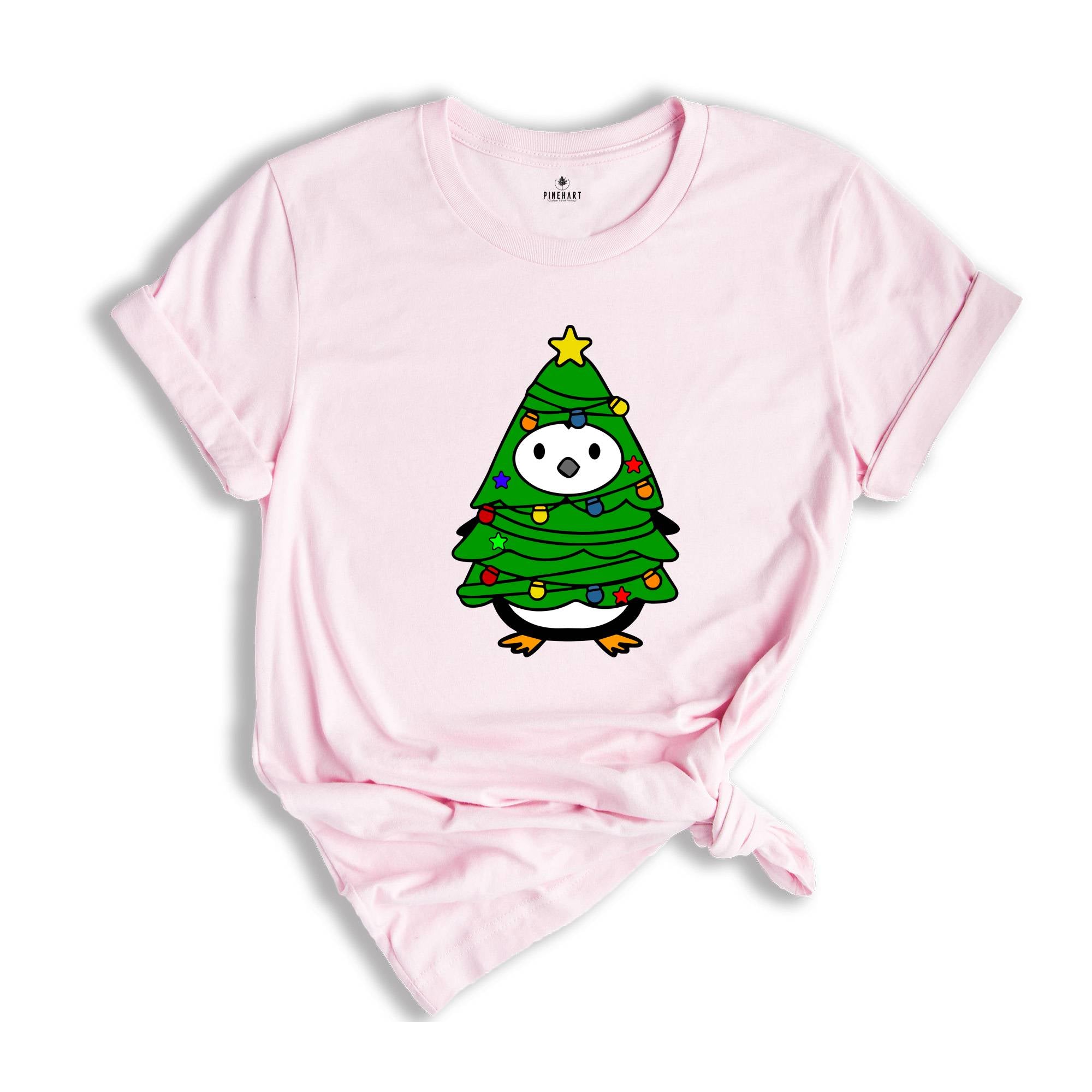 Christmas Penguin Tree Shirt, Cute Christmas Tee, Christmas Gift, Penguin In Santa Hat, Cute Penguin T-Shirt