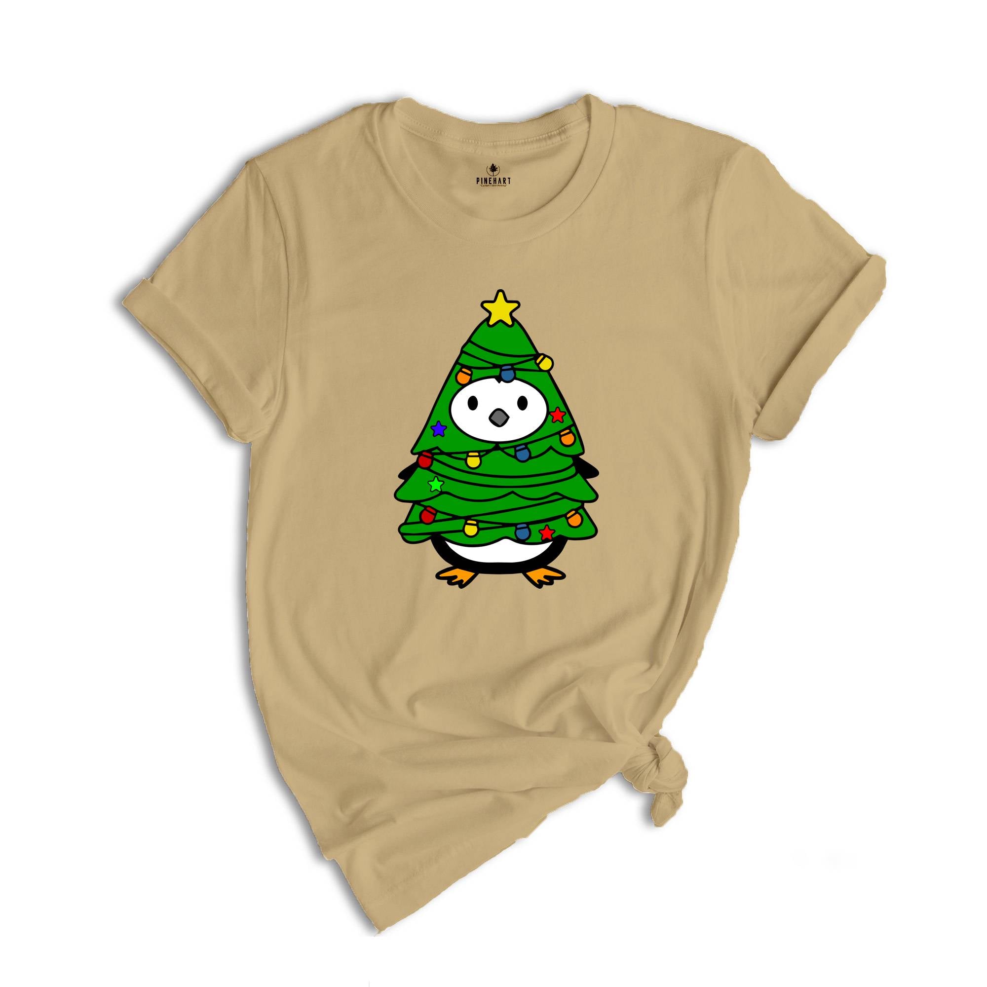 Christmas Penguin Tree Shirt, Cute Christmas Tee, Christmas Gift, Penguin In Santa Hat, Cute Penguin T-Shirt