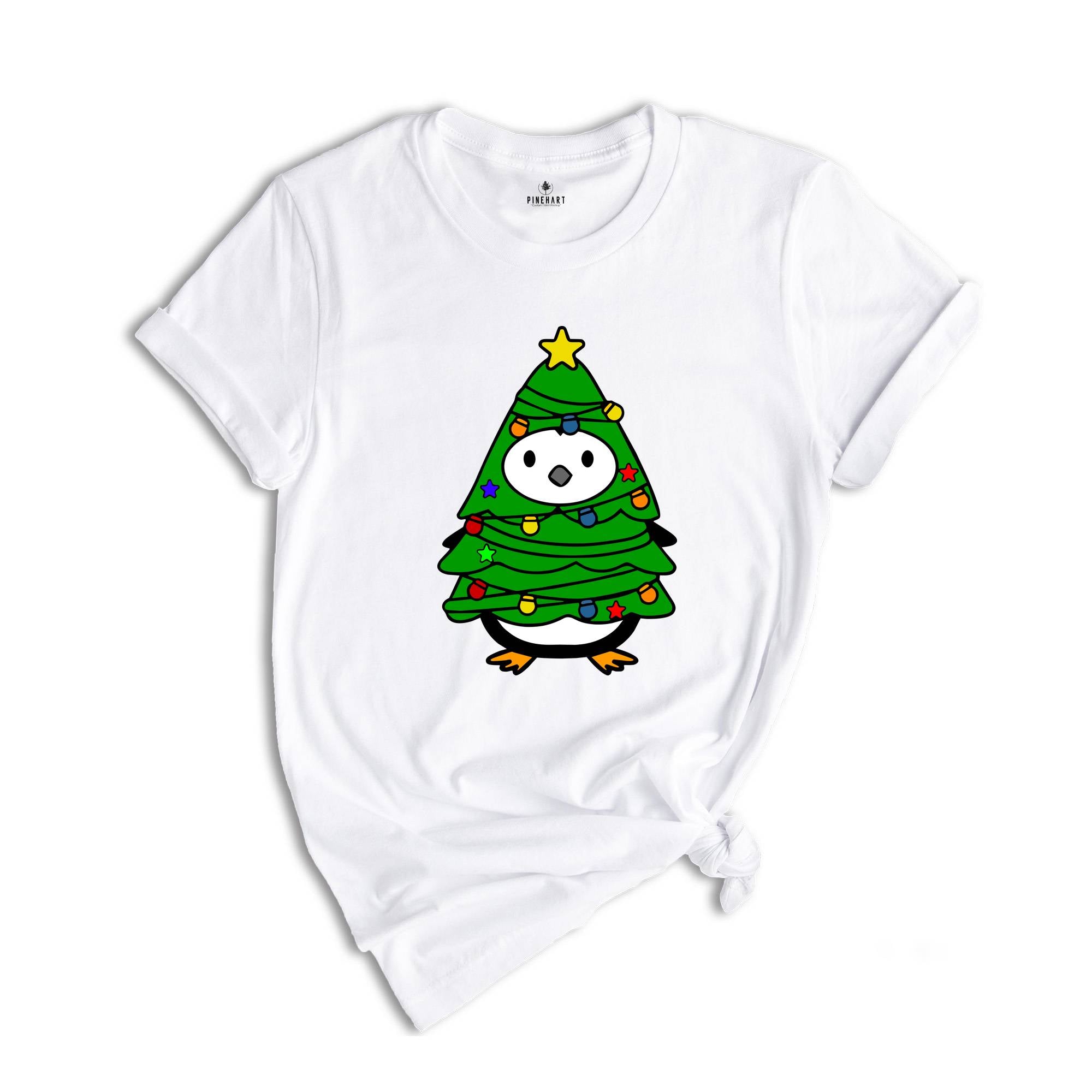 Christmas Penguin Tree Shirt, Cute Christmas Tee, Christmas Gift, Penguin In Santa Hat, Cute Penguin T-Shirt