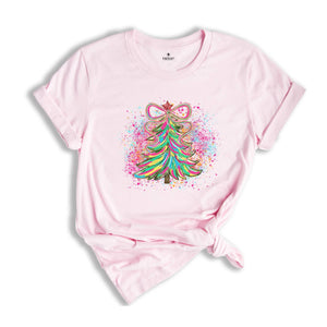 Christmas Tree Bow Shirt, Christmas Sweatshirt for Women, Christmas Tree T-shirt, Christmas Coquette Christmas Shirt