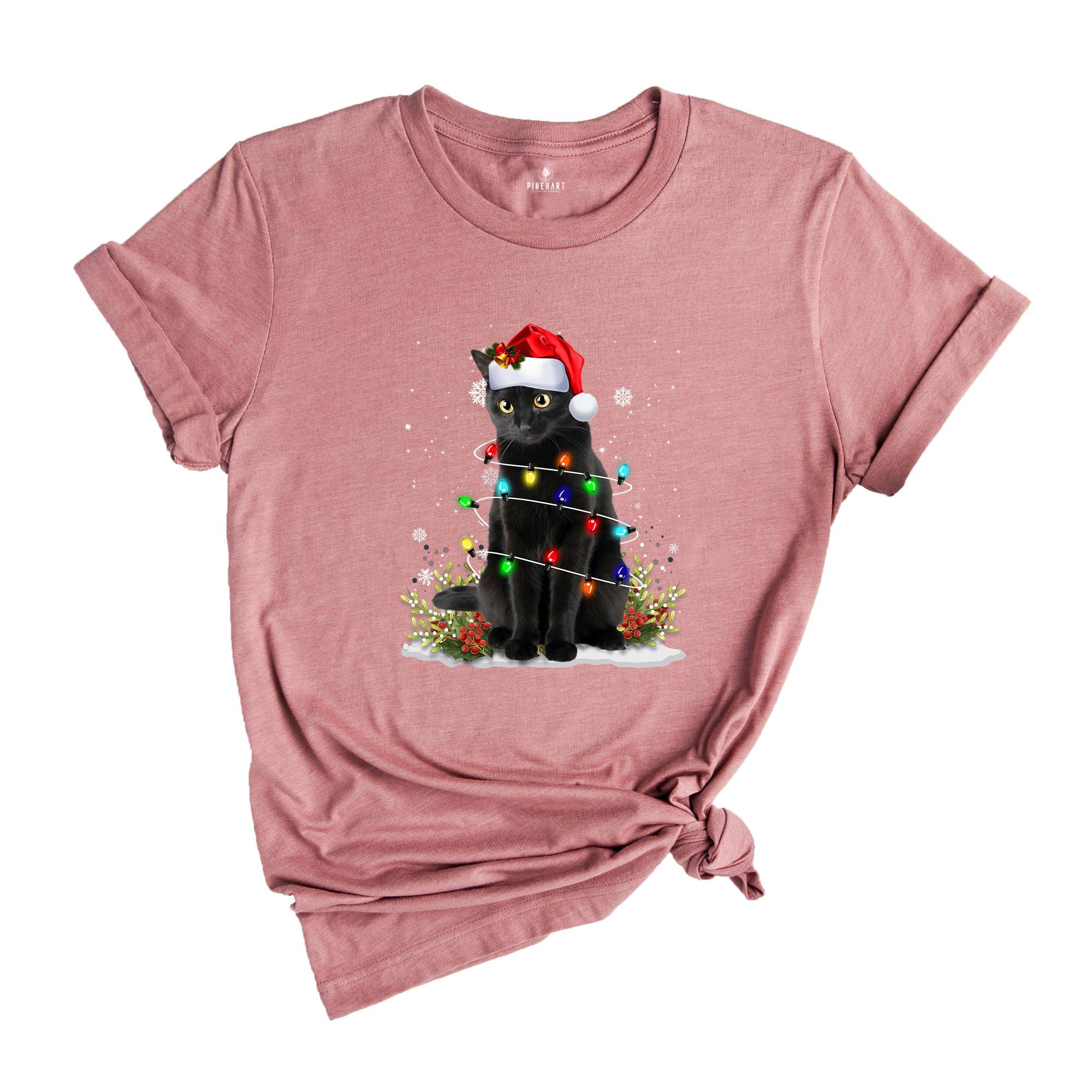 Comfort Colors Black Cat Christmas Shirt, Funny Christmas Shirts, Black Cat Shirt, Christmas Lights Holiday Shirt, Family Christmas Tee