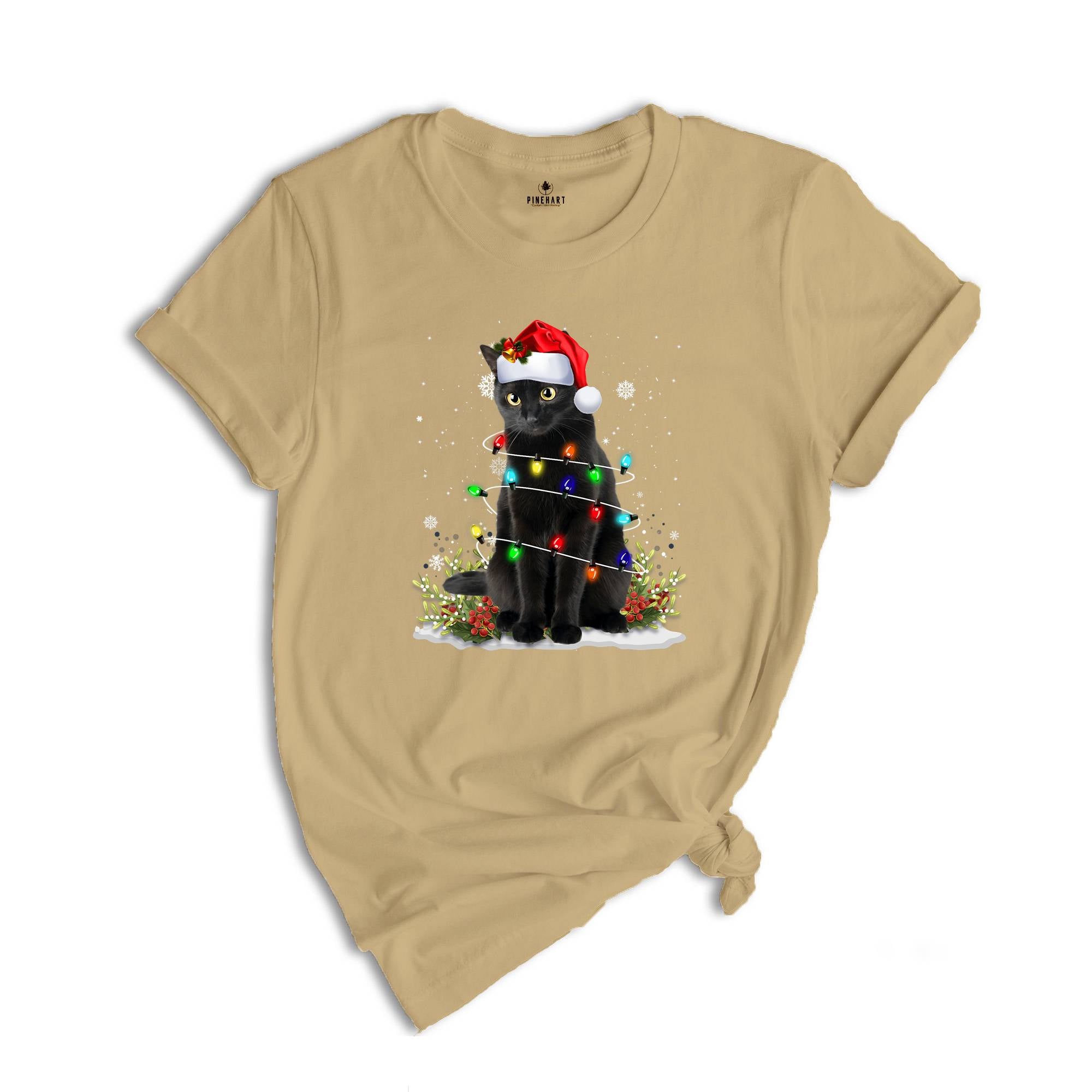 Comfort Colors Black Cat Christmas Shirt, Funny Christmas Shirts, Black Cat Shirt, Christmas Lights Holiday Shirt, Family Christmas Tee