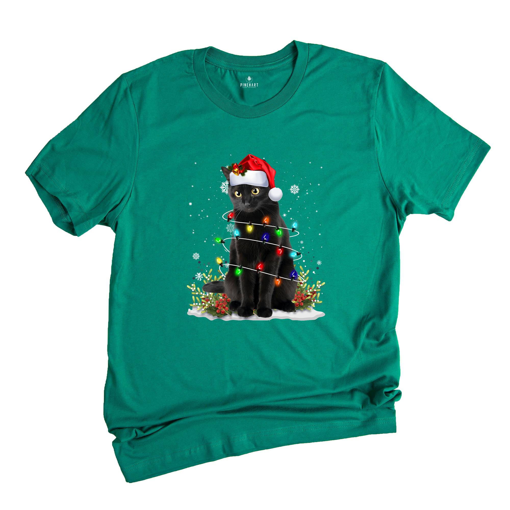 Comfort Colors Black Cat Christmas Shirt, Funny Christmas Shirts, Black Cat Shirt, Christmas Lights Holiday Shirt, Family Christmas Tee