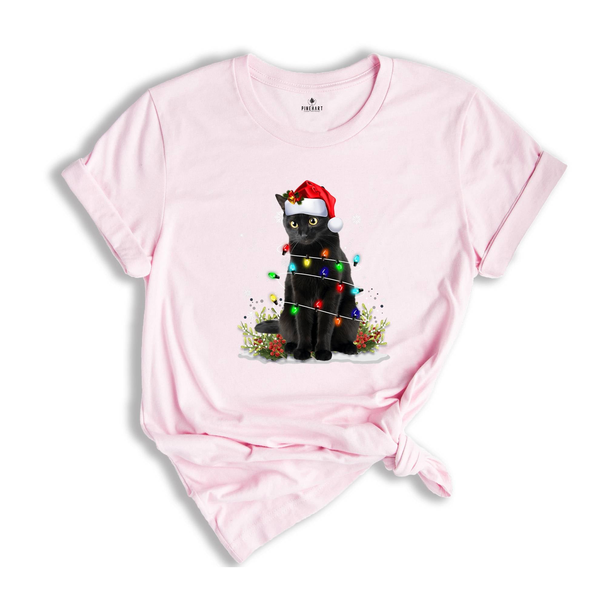 Comfort Colors Black Cat Christmas Shirt, Funny Christmas Shirts, Black Cat Shirt, Christmas Lights Holiday Shirt, Family Christmas Tee