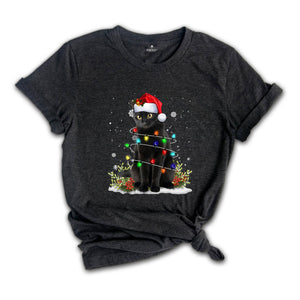 Comfort Colors Black Cat Christmas Shirt, Funny Christmas Shirts, Black Cat Shirt, Christmas Lights Holiday Shirt, Family Christmas Tee