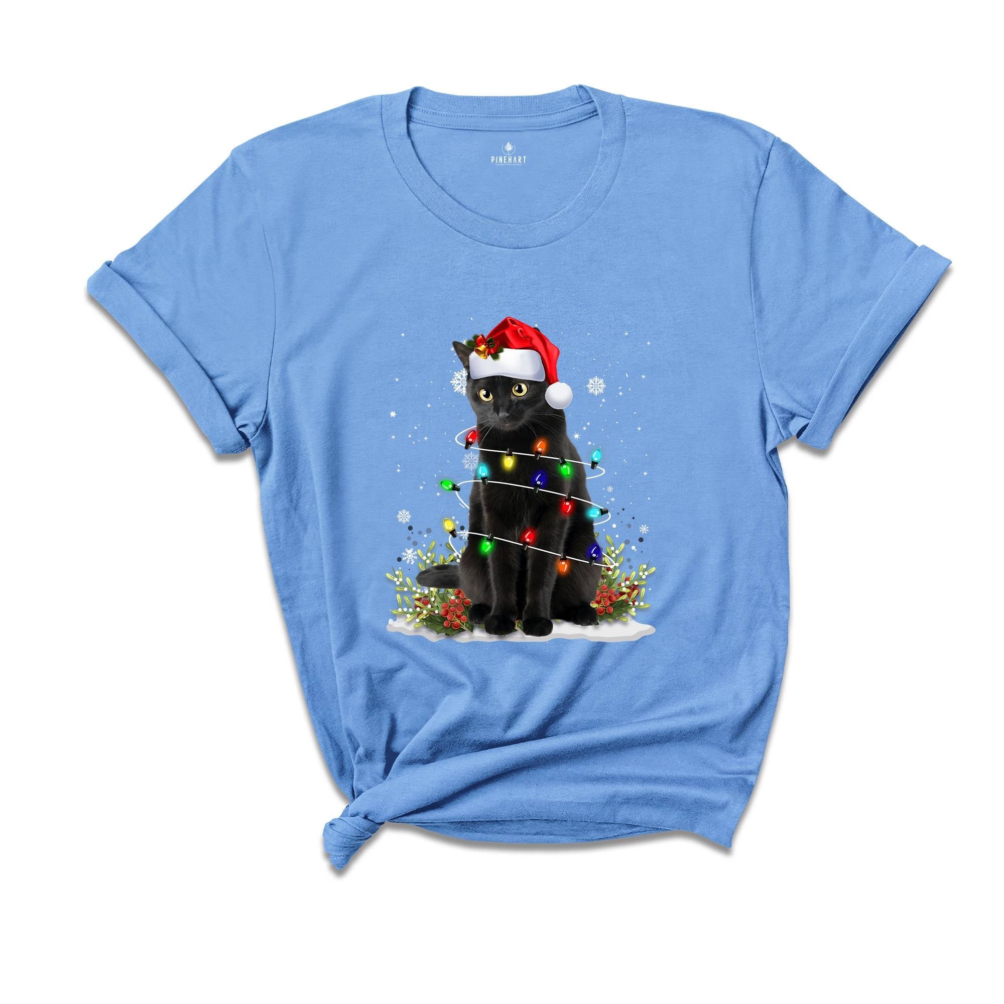 Comfort Colors Black Cat Christmas Shirt, Funny Christmas Shirts, Black Cat Shirt, Christmas Lights Holiday Shirt, Family Christmas Tee