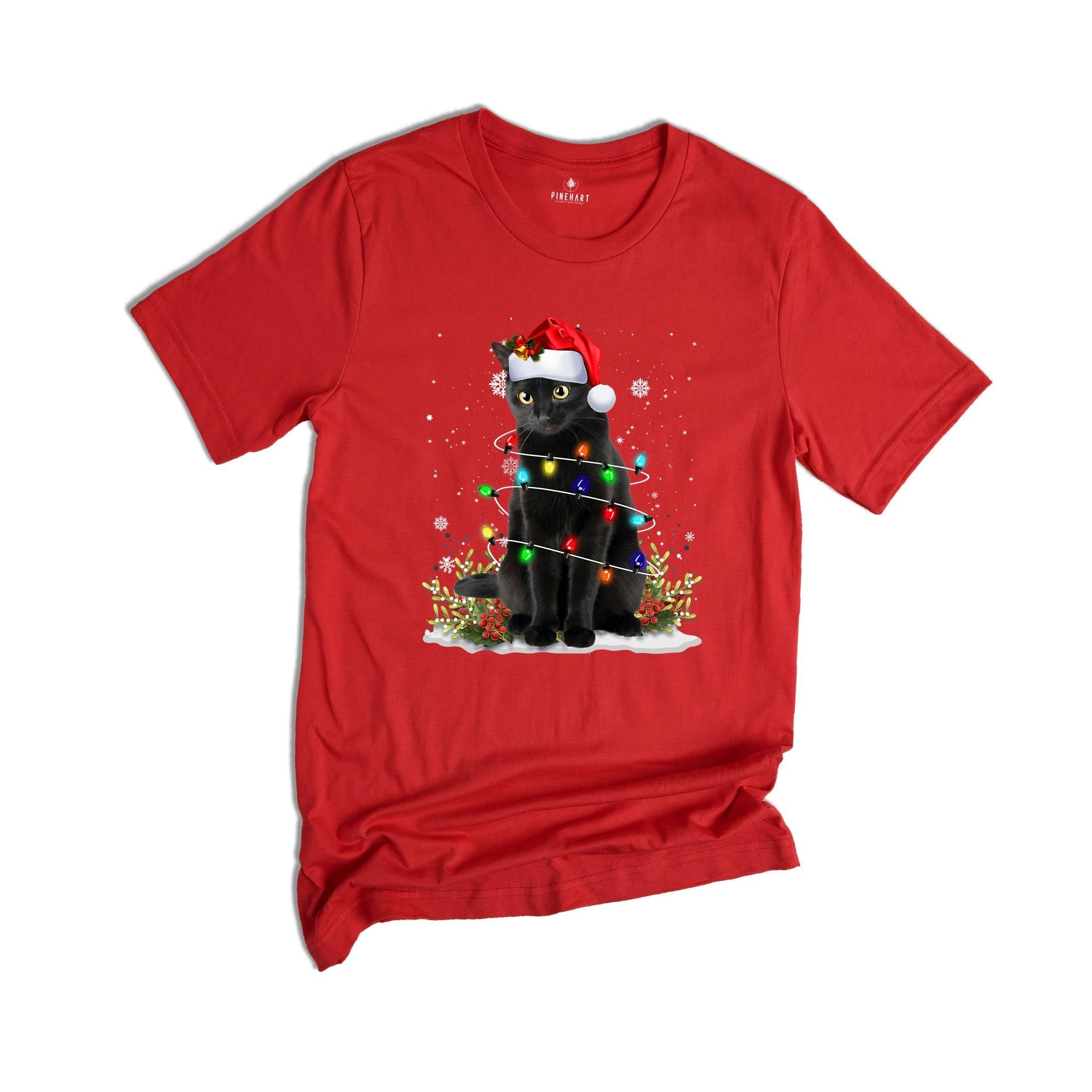 Comfort Colors Black Cat Christmas Shirt, Funny Christmas Shirts, Black Cat Shirt, Christmas Lights Holiday Shirt, Family Christmas Tee