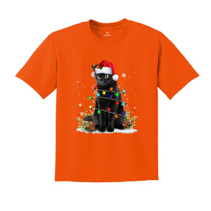 Comfort Colors Black Cat Christmas Shirt, Funny Christmas Shirts, Black Cat Shirt, Christmas Lights Holiday Shirt, Family Christmas Tee