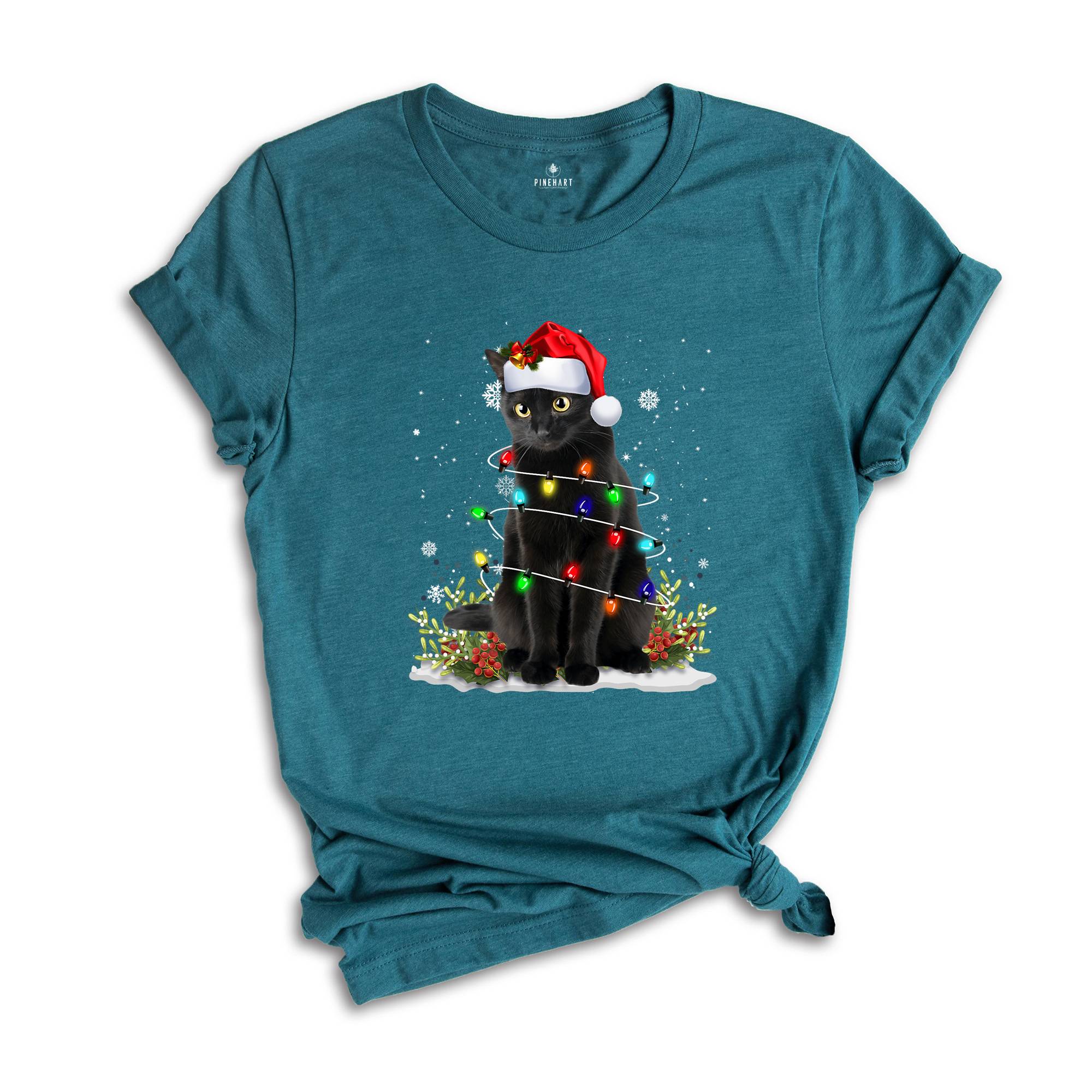 Comfort Colors Black Cat Christmas Shirt, Funny Christmas Shirts, Black Cat Shirt, Christmas Lights Holiday Shirt, Family Christmas Tee