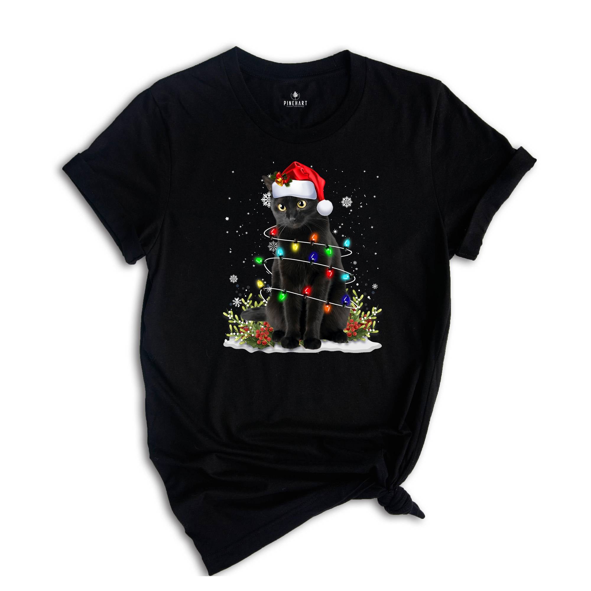 Comfort Colors Black Cat Christmas Shirt, Funny Christmas Shirts, Black Cat Shirt, Christmas Lights Holiday Shirt, Family Christmas Tee