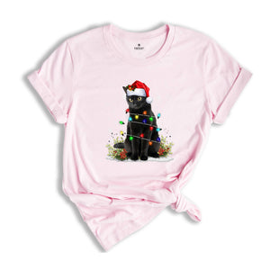 Comfort Colors Black Cat Christmas Shirt, Funny Christmas Shirts, Black Cat Shirt, Christmas Lights Holiday Shirt, Family Christmas Tee