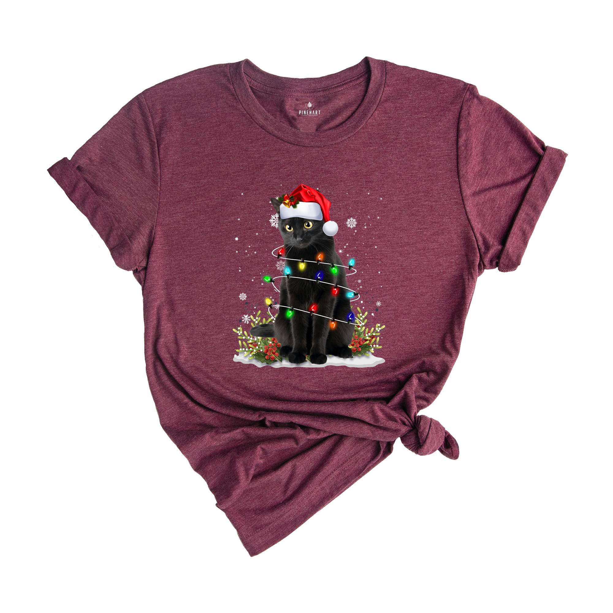 Comfort Colors Black Cat Christmas Shirt, Funny Christmas Shirts, Black Cat Shirt, Christmas Lights Holiday Shirt, Family Christmas Tee