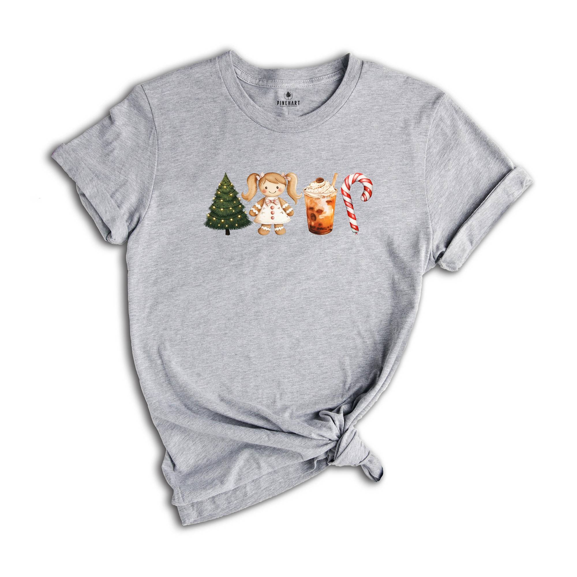 Comfort Colors Christmas Coffee Latte Shirt, Christmas Gingerbread Boy Candy Cane Latte T-Shirt, Red Christmas Tree and Coffee Tee