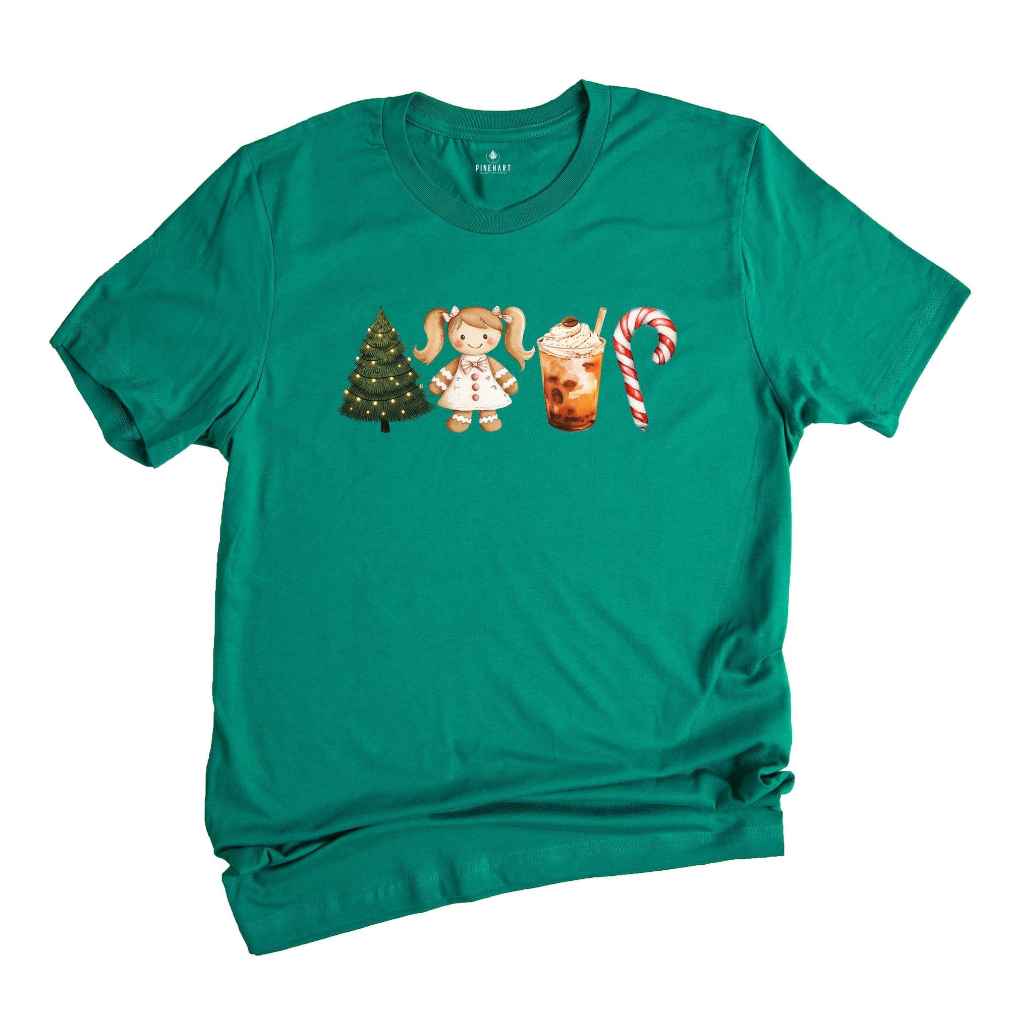 Comfort Colors Christmas Coffee Latte Shirt, Christmas Gingerbread Boy Candy Cane Latte T-Shirt, Red Christmas Tree and Coffee Tee