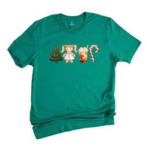 Comfort Colors Christmas Coffee Latte Shirt, Christmas Gingerbread Boy Candy Cane Latte T-Shirt, Red Christmas Tree and Coffee Tee