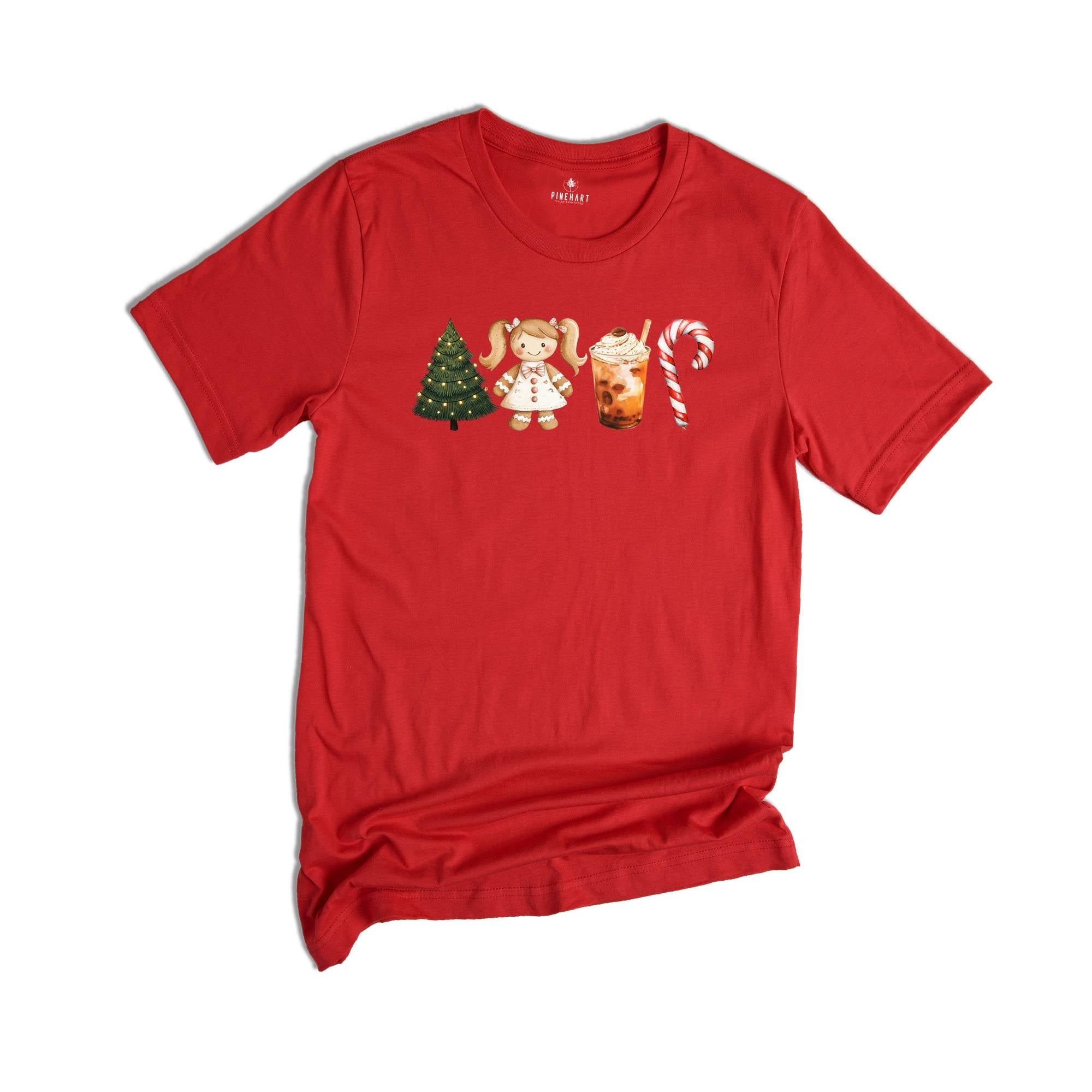 Comfort Colors Christmas Coffee Latte Shirt, Christmas Gingerbread Boy Candy Cane Latte T-Shirt, Red Christmas Tree and Coffee Tee