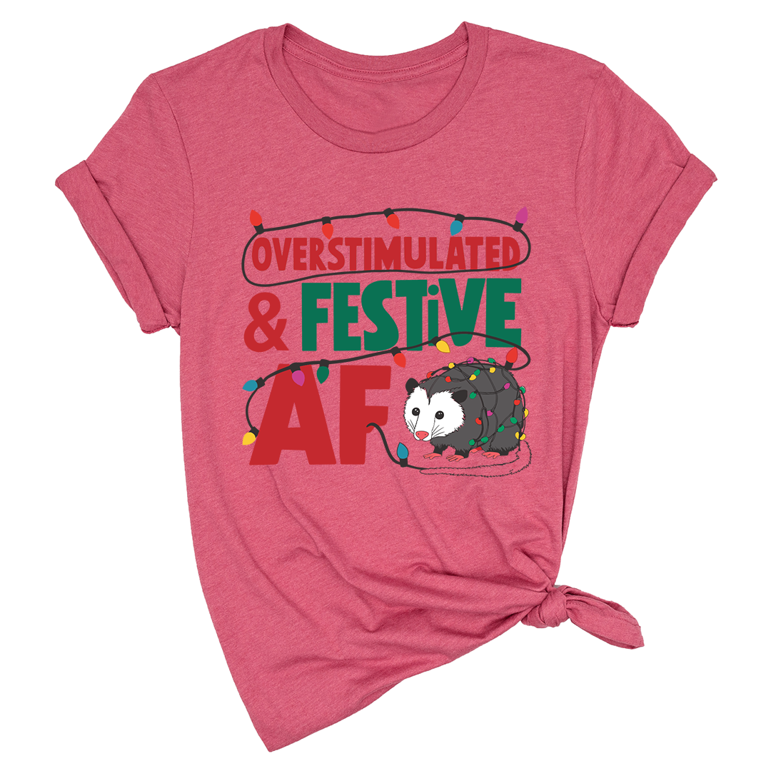 Comfort Colors Overstimulated & Festive AF Raccoon Christmas Shirt, Espresso Martini Tangled Lights Funny Christmas Shirt