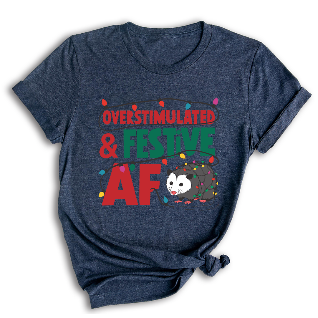 Comfort Colors Overstimulated & Festive AF Raccoon Christmas Shirt, Espresso Martini Tangled Lights Funny Christmas Shirt