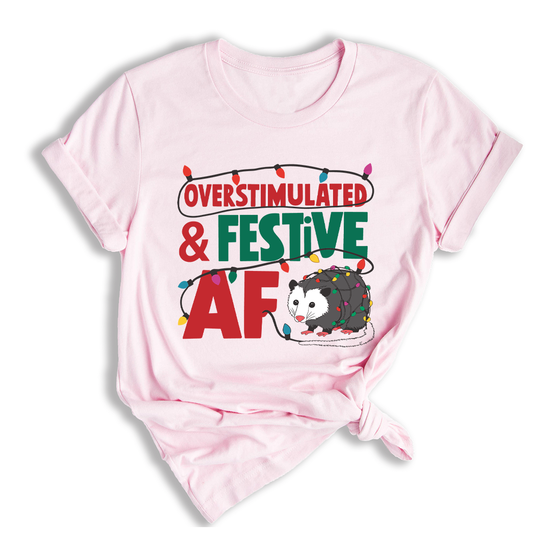 Comfort Colors Overstimulated & Festive AF Raccoon Christmas Shirt, Espresso Martini Tangled Lights Funny Christmas Shirt