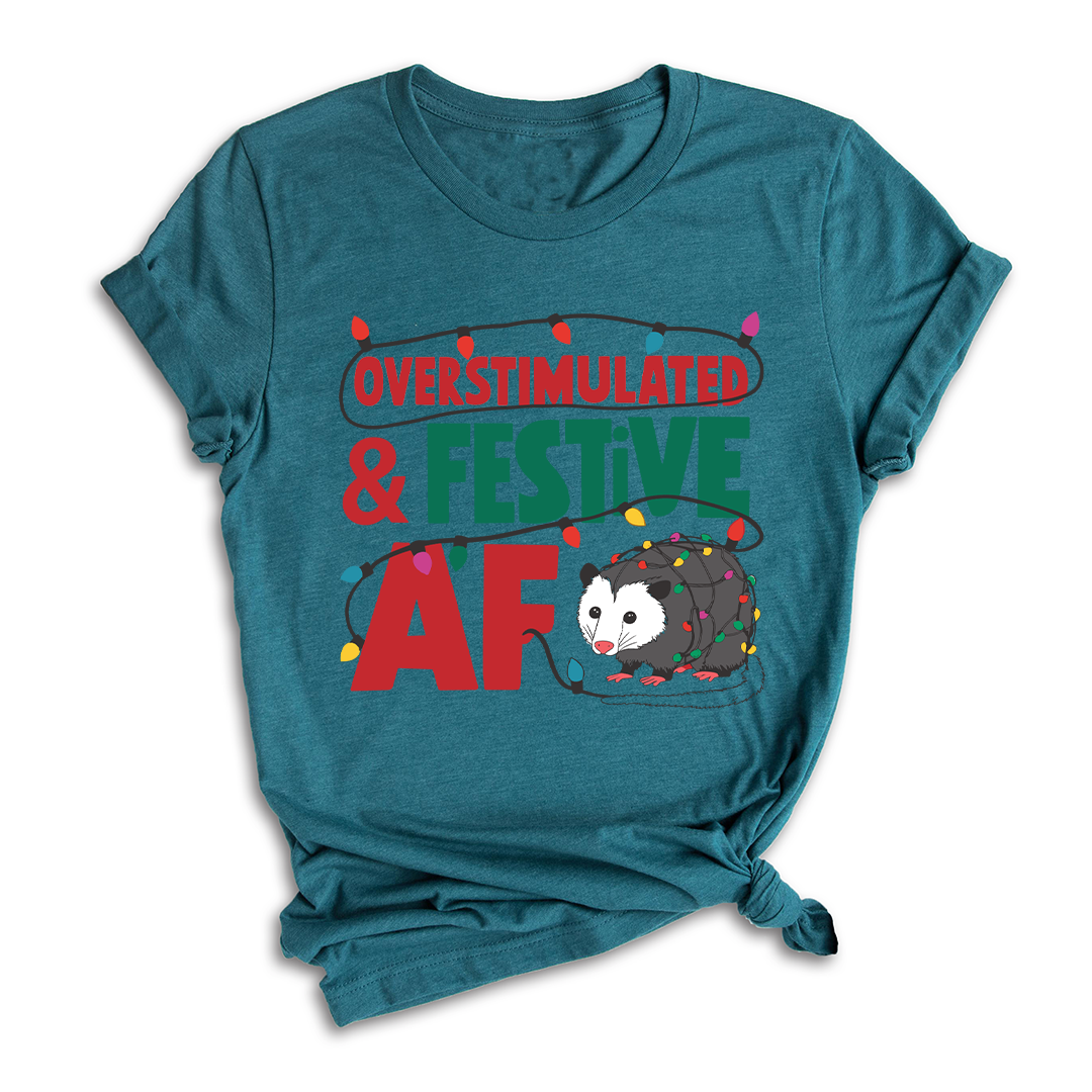 Comfort Colors Overstimulated & Festive AF Raccoon Christmas Shirt, Espresso Martini Tangled Lights Funny Christmas Shirt