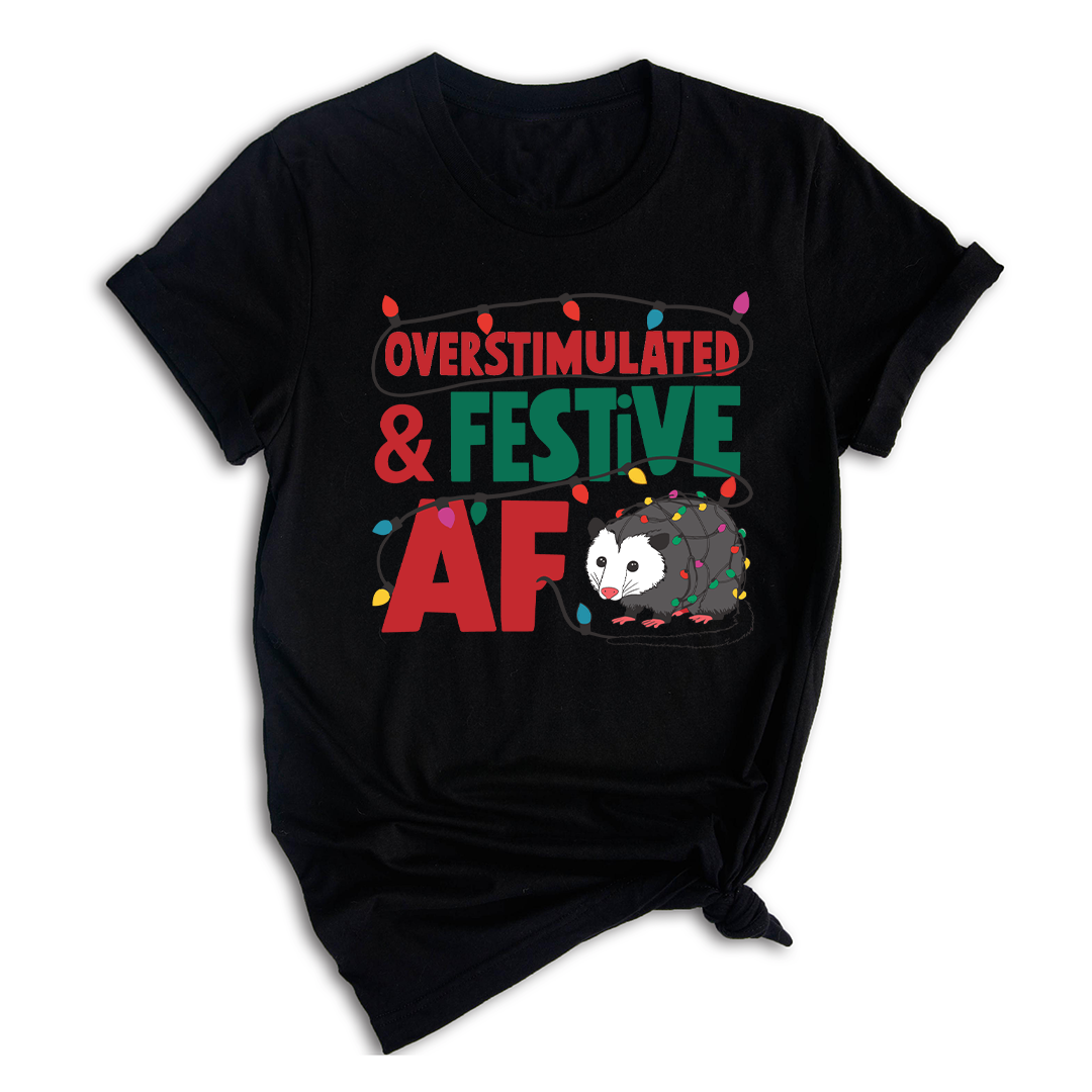 Comfort Colors Overstimulated & Festive AF Raccoon Christmas Shirt, Espresso Martini Tangled Lights Funny Christmas Shirt