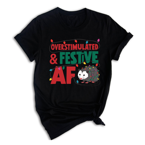 Comfort Colors Overstimulated & Festive AF Raccoon Christmas Shirt, Espresso Martini Tangled Lights Funny Christmas Shirt