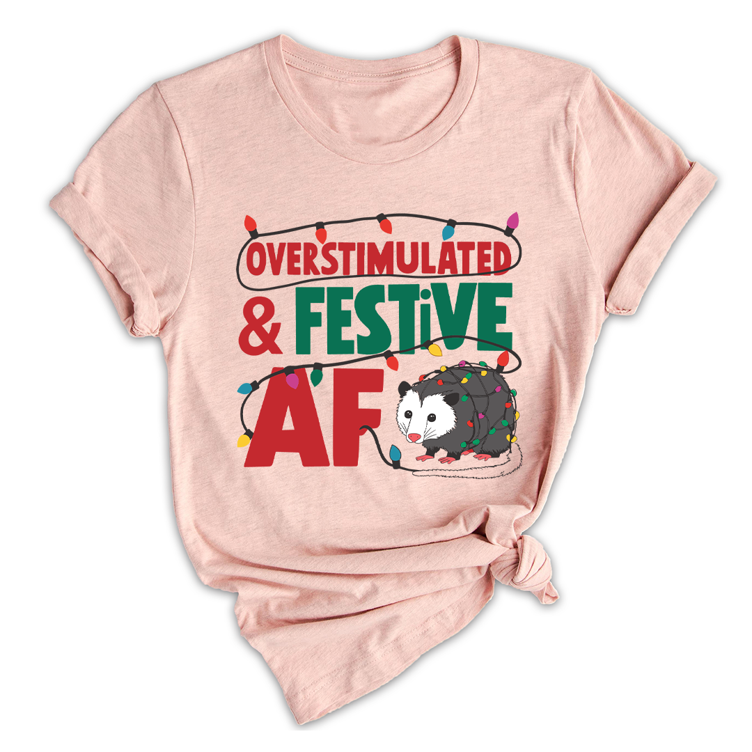Comfort Colors Overstimulated & Festive AF Raccoon Christmas Shirt, Espresso Martini Tangled Lights Funny Christmas Shirt