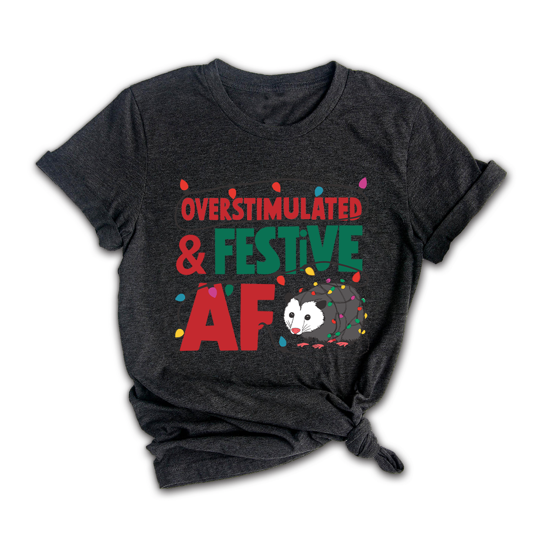 Comfort Colors Overstimulated & Festive AF Raccoon Christmas Shirt, Espresso Martini Tangled Lights Funny Christmas Shirt