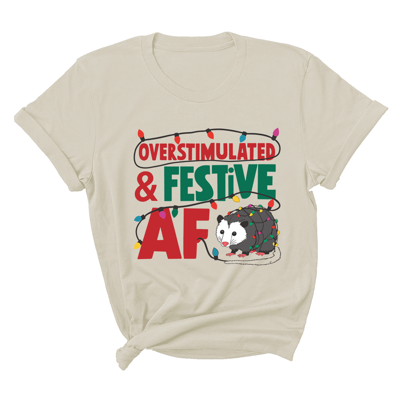 Comfort Colors Overstimulated & Festive AF Raccoon Christmas Shirt, Espresso Martini Tangled Lights Funny Christmas Shirt