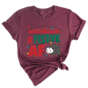 Comfort Colors Overstimulated & Festive AF Raccoon Christmas Shirt, Espresso Martini Tangled Lights Funny Christmas Shirt