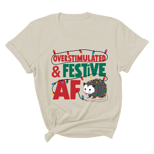 Comfort Colors Overstimulated & Festive AF Raccoon Christmas Shirt, Espresso Martini Tangled Lights Funny Christmas Shirt