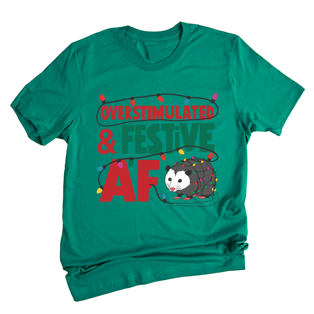 Comfort Colors Overstimulated & Festive AF Raccoon Christmas Shirt, Espresso Martini Tangled Lights Funny Christmas Shirt