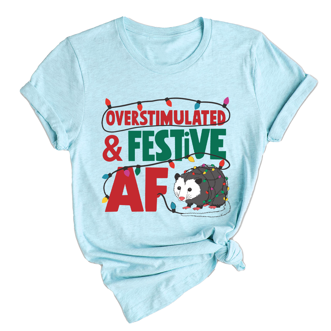 Comfort Colors Overstimulated & Festive AF Raccoon Christmas Shirt, Espresso Martini Tangled Lights Funny Christmas Shirt