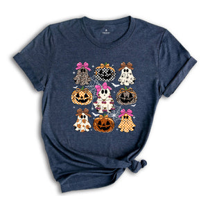 Coquette Leopard Pumpkin Ghost Shirt, Halloween Girly Ghost T-shirt, Retro Checkered Ghosts Pumpkin Cherries Tee