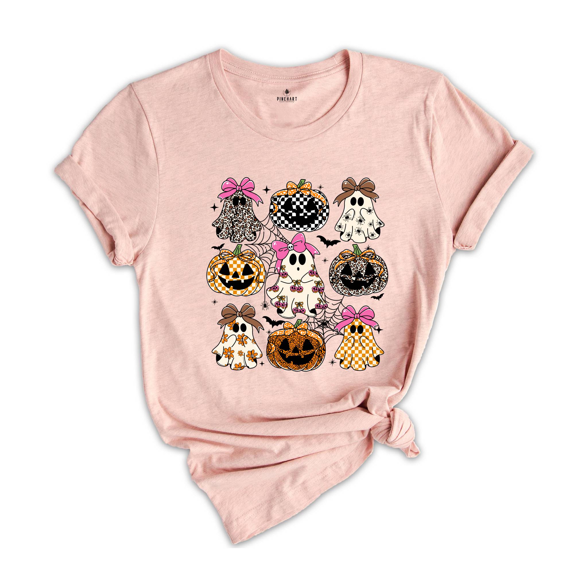 Coquette Leopard Pumpkin Ghost Shirt, Halloween Girly Ghost T-shirt, Retro Checkered Ghosts Pumpkin Cherries Tee