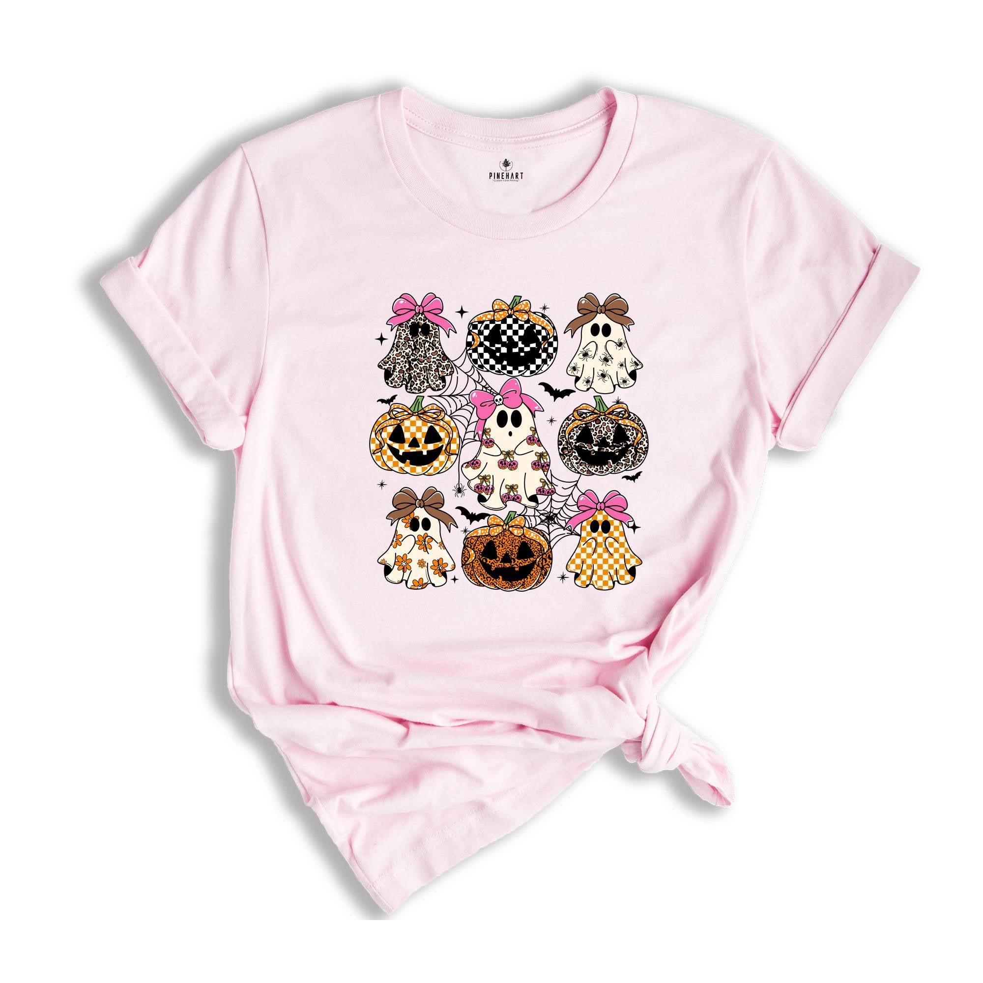 Coquette Leopard Pumpkin Ghost Shirt, Halloween Girly Ghost T-shirt, Retro Checkered Ghosts Pumpkin Cherries Tee