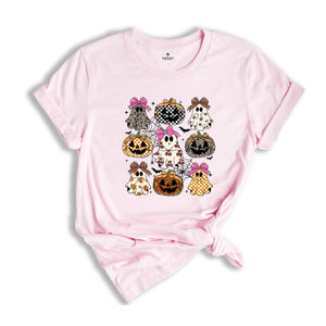 Coquette Leopard Pumpkin Ghost Shirt, Halloween Girly Ghost T-shirt, Retro Checkered Ghosts Pumpkin Cherries Tee