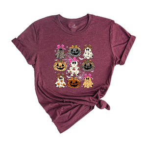 Coquette Leopard Pumpkin Ghost Shirt, Halloween Girly Ghost T-shirt, Retro Checkered Ghosts Pumpkin Cherries Tee