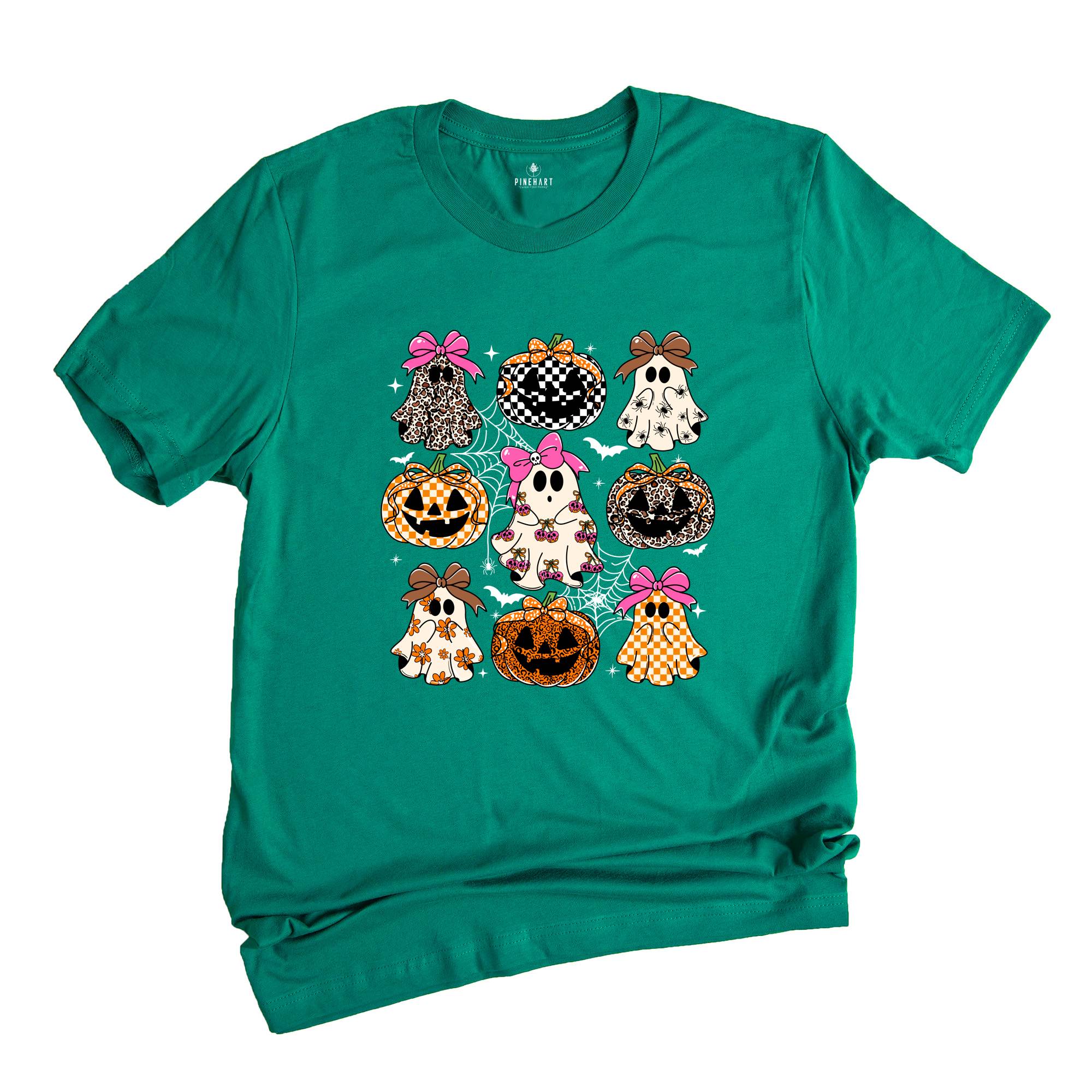 Coquette Leopard Pumpkin Ghost Shirt, Halloween Girly Ghost T-shirt, Retro Checkered Ghosts Pumpkin Cherries Tee