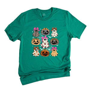 Coquette Leopard Pumpkin Ghost Shirt, Halloween Girly Ghost T-shirt, Retro Checkered Ghosts Pumpkin Cherries Tee