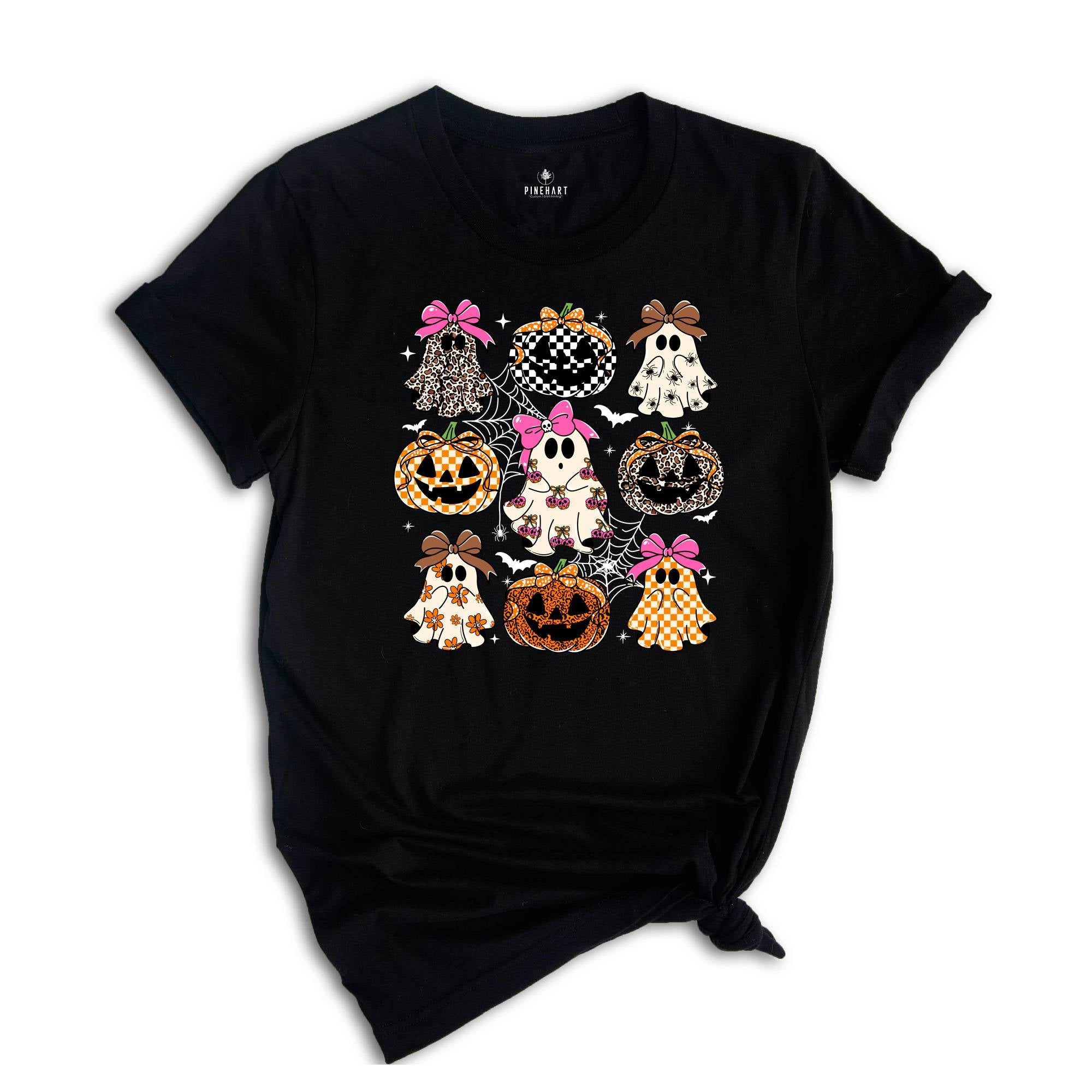 Coquette Leopard Pumpkin Ghost Shirt, Halloween Girly Ghost T-shirt, Retro Checkered Ghosts Pumpkin Cherries Tee