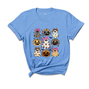 Coquette Leopard Pumpkin Ghost Shirt, Halloween Girly Ghost T-shirt, Retro Checkered Ghosts Pumpkin Cherries Tee