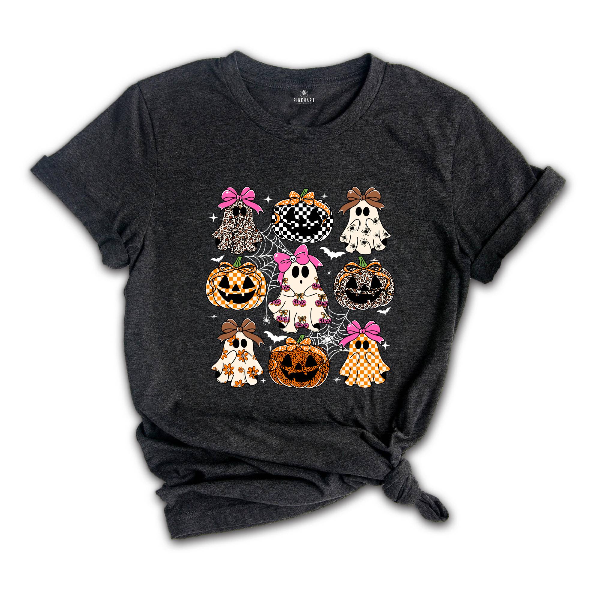 Coquette Leopard Pumpkin Ghost Shirt, Halloween Girly Ghost T-shirt, Retro Checkered Ghosts Pumpkin Cherries Tee