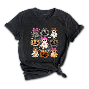 Coquette Leopard Pumpkin Ghost Shirt, Halloween Girly Ghost T-shirt, Retro Checkered Ghosts Pumpkin Cherries Tee